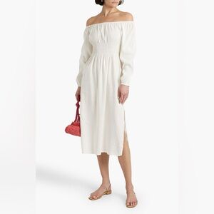 NWT Onia Linen Air off-the-shoulder shirred linen-blend midi dress size Small